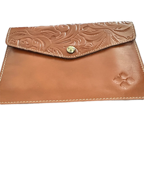 Stylish Patrica Nash Signed Tooled Leather Envelope Clutch in Tan